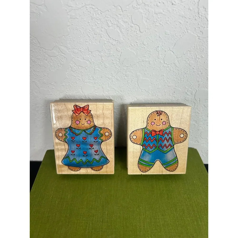 Vtg 98 Set of 2 Wood Mounted Rubber Stamp- Mr & Mrs Gingerbread Garland preowned
